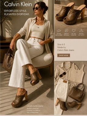 Calvin Klein Brown Leather Studded Platform Clogs